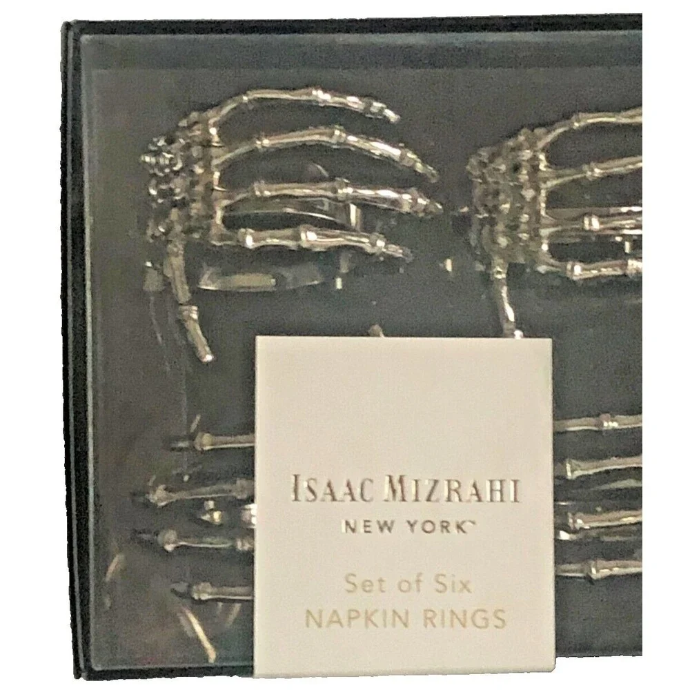 Halloween Set of 6 Skeleton Hand Hands Silver Napkin Rings Metal Isaac Mizrahi
